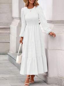Womens Long Sleeve Fall Dresses Casual Crew Neck Smocked High Waist Tiered Flowy Maxi Dress With Pockets - 白色 - 查看 4