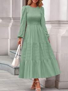 Womens Long Sleeve Fall Dresses Casual Crew Neck Smocked High Waist Tiered Flowy Maxi Dress With Pockets - 淺綠色 - 查看 1