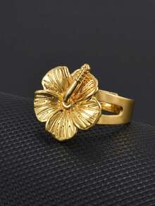 1pc Hibiscus Flower Rings For Women Girls Hawaiian Jamaica Madagascar Guam Island Jewelry - Gold - View 5