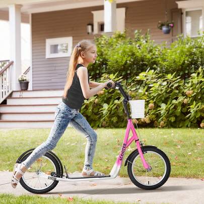  HOMCOM Kids Scooter, Kick Stunt Scooter With Adjustable Handlebar, Dual Brakes, Basket, Cupholder, Mudguard, 16" Inflatable Rubber Wheels, For 5-12 Years, Pink