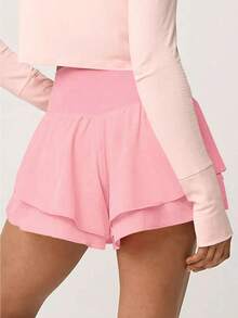 Fisoew Absorbs Sweat Breathable High Waisted Sports Shorts Sweater Shorts Sleek Style Ruffle Tiered Running Shorts With Built In Shorts Y2K Tennis Workout Shorts Clean Girl Coquette Aesthetic Summer Streetwear - 粉色 - 查看 4