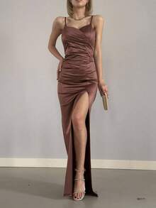 Elegant Satin Evening Dress With Rope Strap, Slit, Ruffle And High Leg Slit, Suitable For Parties And Weddings - Brown - View 1