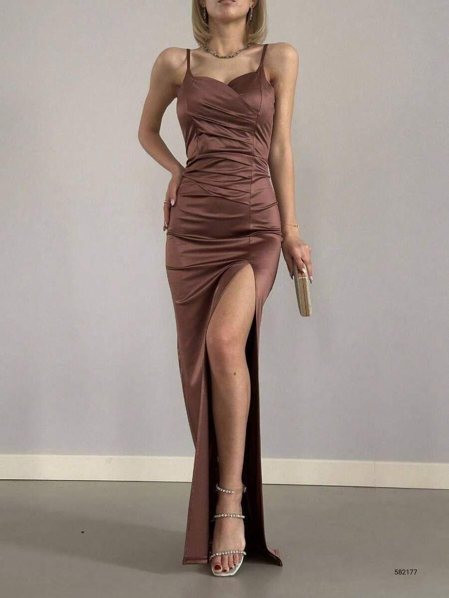 Elegant Satin Evening Dress With Rope Strap, Slit, Ruffle And High Leg Slit, Suitable For Parties And Weddings - Brown - View 1