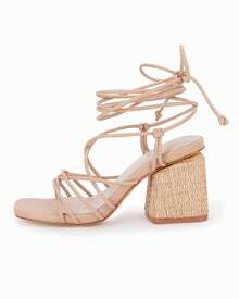 Womens Square Toe Lace-Up Strappy Heeled Sandals Braided Block Chunky Heel Ankle Strap Shoes - 卡其色 - 查看 3