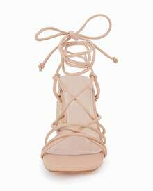Womens Square Toe Lace-Up Strappy Heeled Sandals Braided Block Chunky Heel Ankle Strap Shoes - 卡其色 - 查看 4