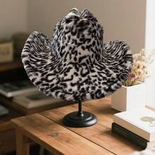 Furry Leopard Print Cowgirl Hat British Style Upturn Brim Western Hat  Jazz Cap For Women Men For Fall Winter - 黑色 - 查看 4