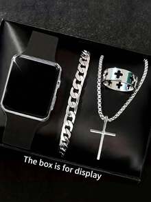 8/4/1pc Men's Fashion Electronic Watch, Square Dial Silicone Strap Casual Fashion Watch, Bracelet, Necklace, Ring, Suitable For Daily Wear, The Best Choice For Gifts, Business Trips, Gifts For Boyfriends, Family, Work, Father's Day, Vacation And Business Trips, Suitable For Birthday Gifts - Multicolor - View 3