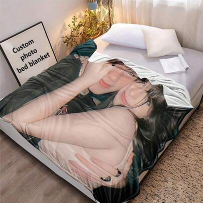 1pc Customizable Photo Print Flannel Blanket - Personalized Wool Blanket With Printed Design, Machine Washable, Soft All-Season Bedspread, Suitable For Couples, Anniversary, Wedding, Valentine's Day Gift, Modern Home Decor, Personalized Throw, Best For Christmas, Simple, Custom, Personalized, Unique, Ideal Gifts For Him, For Anniversaries, For Valentine's Day, For Graduation, For Father's Day, For Weddings, For Housewarming, Sofa, Bed, Car, Tea Room, Bedroom, Bathroom, Living Room, Dining Room