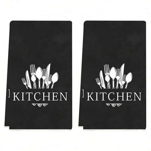 2 peças de toalhas de cozinha pretas com design de faca e garfo, toalhas de mão decorativas para festas, panos de secagem macios e absorventes, decoração de cozinha, decoração de mesa de jantar, utensílios de cozinha, decoração para casa