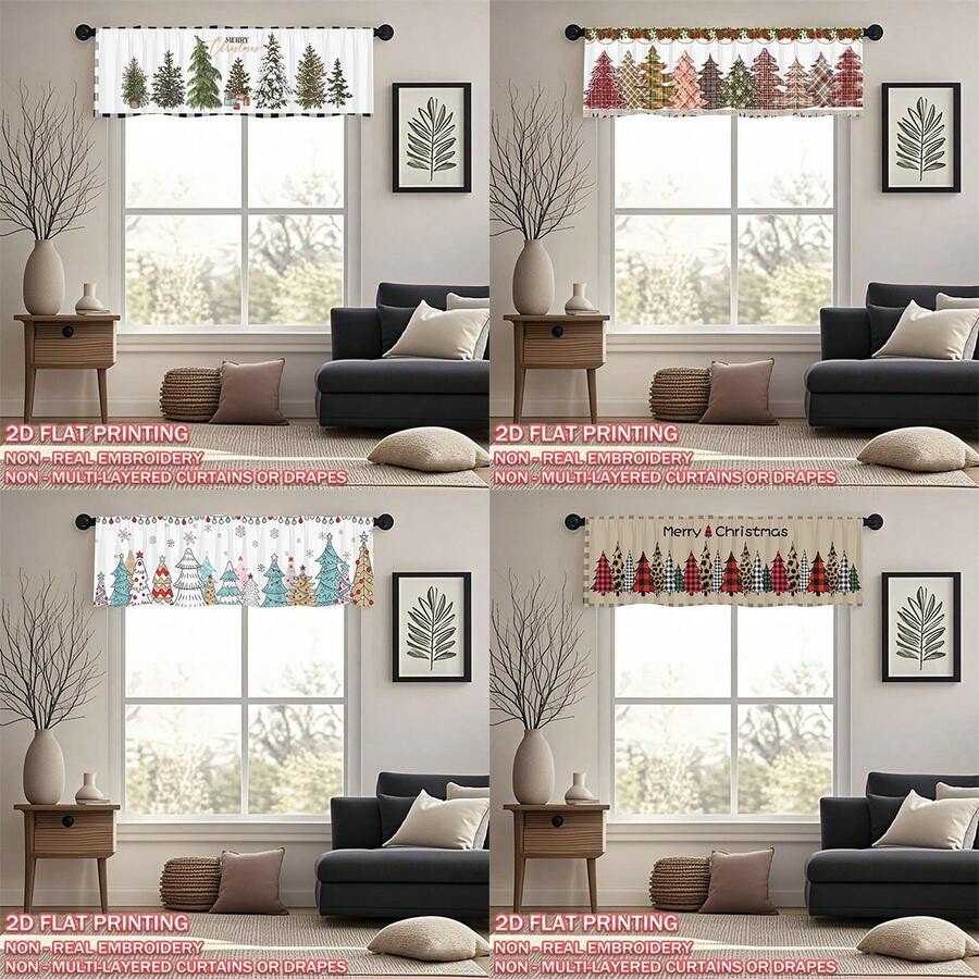1pc Christmas Flat Visual Decorative Short Curtain, Christmas Tree Print, Rod Pocket Top, Fade-Resistant, Single-Sided Print, Polyester Material, Thick , Washable, Christmas Home Decor, Party Gift, Suitable For Living Room, Dining Room, Kitchen, Cafe, Closet Partition Christmas Decorations Room Decor Christmas Decorations Home - Multicolor - View 1