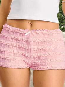Women's Summer Bodycon Shorts Solid Color Low Waist Ruffled Mini Bow Front Short Pants - Hồng - Xem 3
