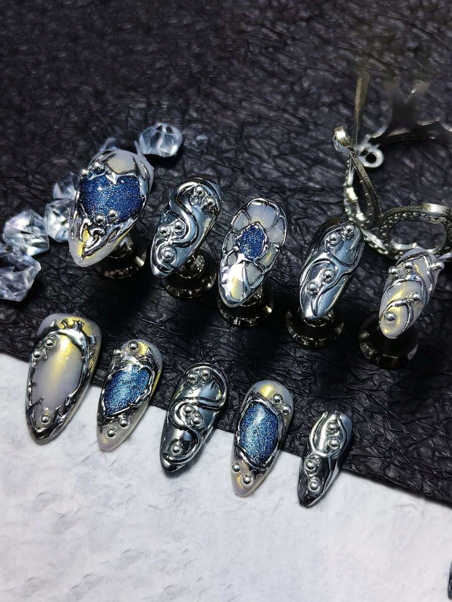 10pcs Retro Gothic Punk Handmade Nail Stickers, Korean/Japanese Style Nails, Summer Nails, Press-On Nails, Nail Art, Y2K French Nails, Vintage Series Style, Gift For Her, Reusable Acrylic False Nails, Suitable For Daily Wear For Girls And Women