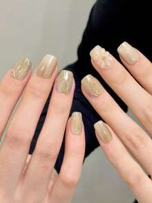 10PCS Short Coffin Handmade Press On Nails For Party And Daily Wear,Summer Nails,Japanese-Style Flower Drawing Nail, Halloween Party. Halloween Party,Easy To Wear10pcs Y2K Handmade Press On Nails,Spring And Summer Style,Suitable For Girls And Women Festivals Parties And Daily Wear Nail Supplies Handmade Press On Nails - Khaki - View 3