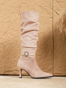 女士秋冬新款褶皱高筒靴，性感尖头扣带细高跟侧拉链踝靴，浅粉色时尚高跟高筒靴 - 淺粉色 - 查看 5
