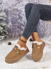 1 Đôi giày lười đế xuồng quai vải trơn màu thông thường, thích hợp để mặc ở nhà vào mùa thu/đông, giày lông, giày mule - màu nâu - Xem 3