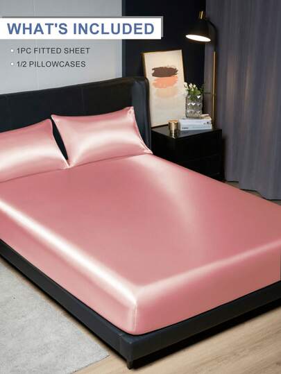 2/3pcs Satin Fitted Sheet Set, Bed Sheets Set, Soft And Comfortable Bedding Set For Bedroom, Skin-Friendly Solid Color Mattress Cover Set, Halloween Gift, Fully Covered Matress Proctector Set, Fitted Bottom Sheet For Twin, Full, King, Queen Size, Dust-Proof Protection, 1pc Fitted Sheet And 1/2pcs Pillowcase, Machine Washable, Ideal Easter Gifts, For Independence Day Gift, Perfect Holiday Gift,
