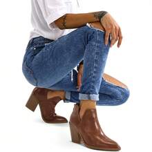 Women's Slip-On Ankle Boots – Cutout Pointed Toe Chunky Mid Heel Booties For Casual, Work & Daily Wear - 棕色 - 查看 2