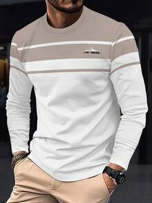 男士休闲长袖T恤 - 秋冬季轻薄弹力涤纶混纺圆领T恤，可机洗，双色设计，饰有品牌标志，轻盈透气，适合作为礼物送给朋友 - 彩色 - 查看 1