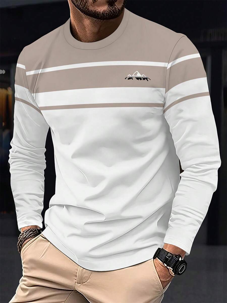 男士休闲长袖T恤 - 秋冬季轻薄弹力涤纶混纺圆领T恤，可机洗，双色设计，饰有品牌标志，轻盈透气，适合作为礼物送给朋友 - 彩色 - 查看 1