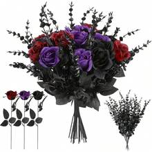 20 Pcs Black, Purple, Red Artificial Roses And 28 Black Eucalyptus Stems Halloween, Silk Flowers With Bendable Stems, Gothic Wedding Bouquet, Haunted House Decor - Blood White - View 10