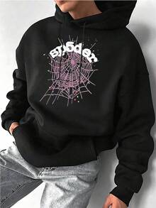 Men's Casual Pullover Hoodie With Spider Web Graphic,Long Sleeve Sweatshirt,Stylish Streetwear,Comfortable Fit,Available In Multiple Sizes - màu đen - Xem 1