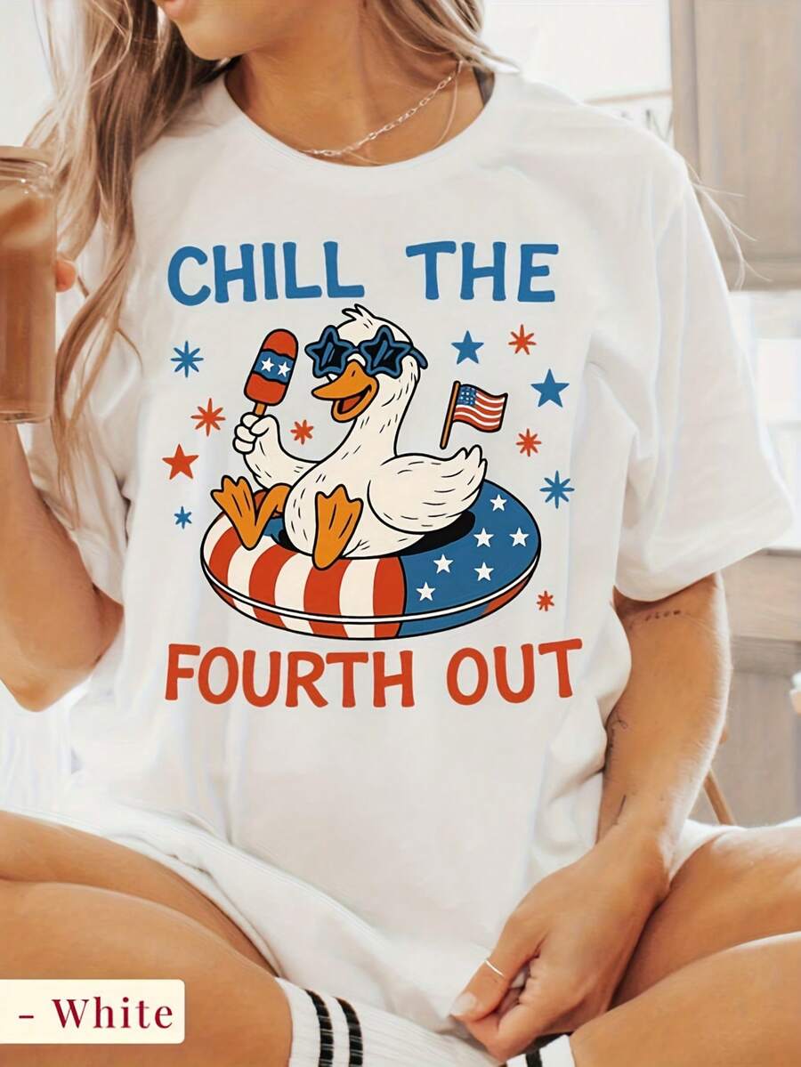 Funny 4th Of July Shirt, Chill The Fourth Out , Patriotic Duck Shirt, USA Popsicle T Shirt, Fourth Of July Humor Shirt, A Graphic 220G Pure Cotton T-Shirt - Send Warmth To Your Loved Ones, A Perfect Birthday Gift And Day Surprise - 白色 - 查看 1