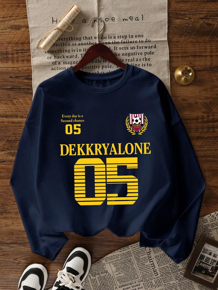 韓国風 レディース ルーズフィット コットン レタープリント ラウンドネック カジュアル 長袖Tシャツ、春秋シーズンに活躍 - ネイビーブルー - 見る 4