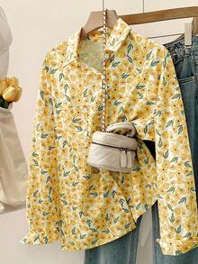 Áo sơ mi nữ tay dài in hoa cỡ lớn, hàng ngày, cài nút đơn, thích hợp cho mùa xuân và mùa thu - Màu vàng - Xem 2