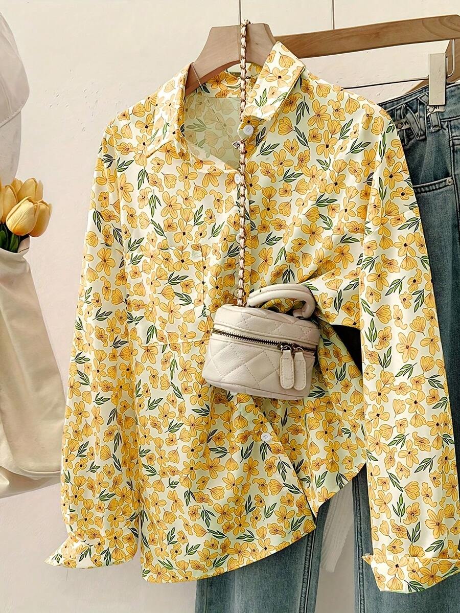 Áo sơ mi nữ tay dài in hoa cỡ lớn, hàng ngày, cài nút đơn, thích hợp cho mùa xuân và mùa thu