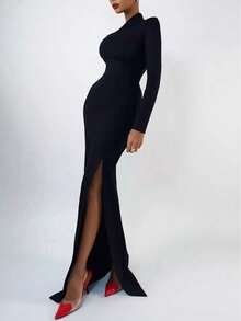 Đầm maxi dài tay màu đen lệch vai thanh lịch dành cho nữ, xẻ tà bên hông, ôm sát cơ thể, thích hợp đi dự tiệc cưới, dạ hội, cocktail. - màu đen - Xem 7