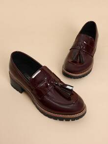 Women's Loafers Slip On Platform Chunky Penny Heeled Dressy Work Business Casual Loafers Autumn Shoes - 酒紅色 - 查看 5