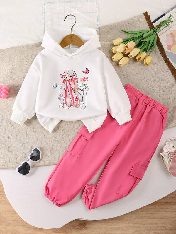 مجموعة هوديي وبنطلون كاجوال مطبوع للبنات، مناسبة للخريف/الشتاء 2 قطعة