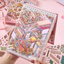 贴纸书、阳光小镇系列微缩场景书、3D卡通房屋DIY风景装饰贴纸相册、DIY拼贴装饰纸质配件、适合各种场景的笔记本贴纸、手机壳、水杯贴纸、剪贴簿日记本笔记本贴纸 - 彩色 - 查看 3