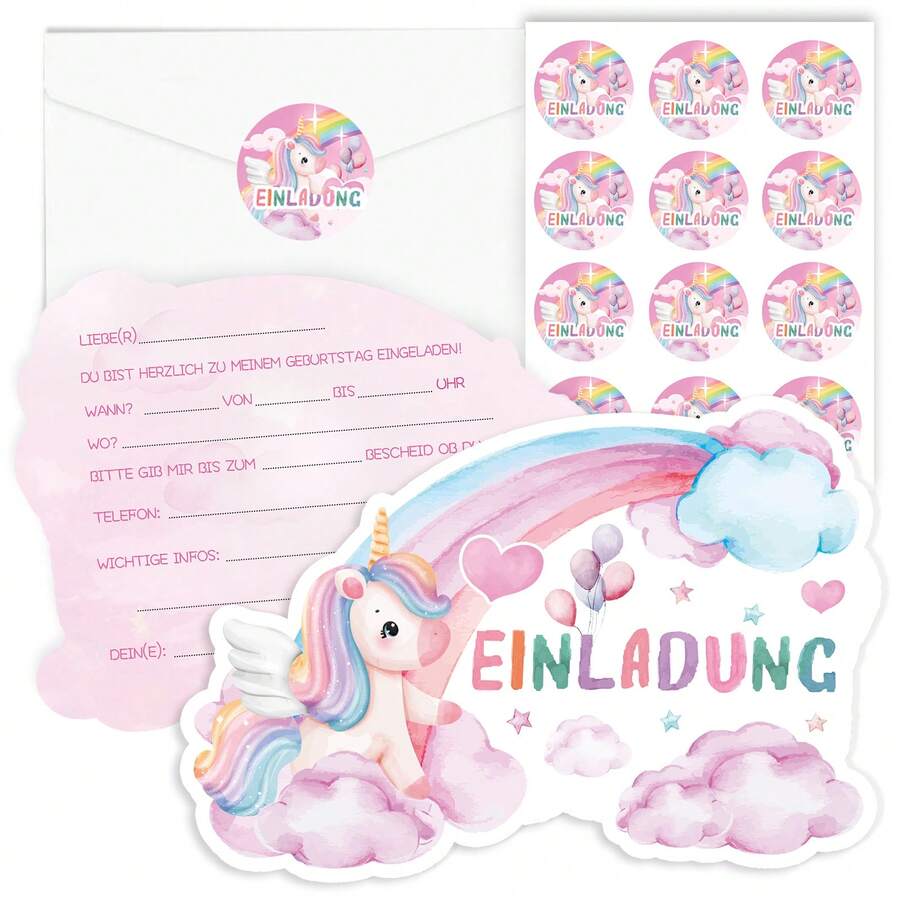 Juego de 12 tarjetas de invitación de fiesta de cumpleaños con diseño de poni arcoíris alemán: 12 tarjetas, 12 sobres, 12 pegatinas, regalo de cumpleaños, fiesta temática, reunión festiva, invitando a amigos - Conjunto de 12 unidades - Ver 1