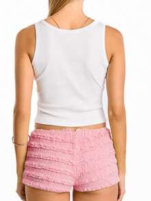 Women's Summer Bodycon Shorts Solid Color Low Waist Ruffled Mini Bow Front Short Pants - Hồng - Xem 7