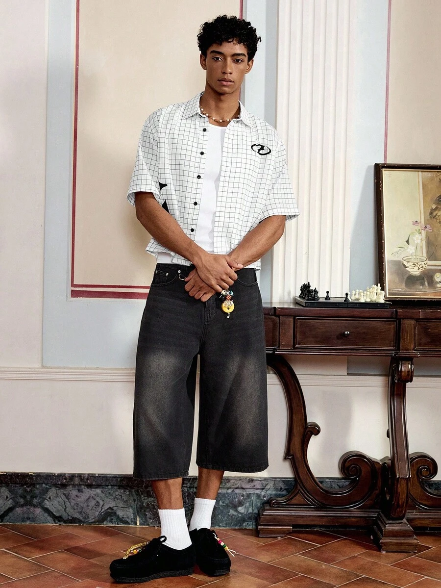 男士宽松字母格纹印花短袖梭织白衬衫，街头潮流必备单品 - 白色 - 查看 1