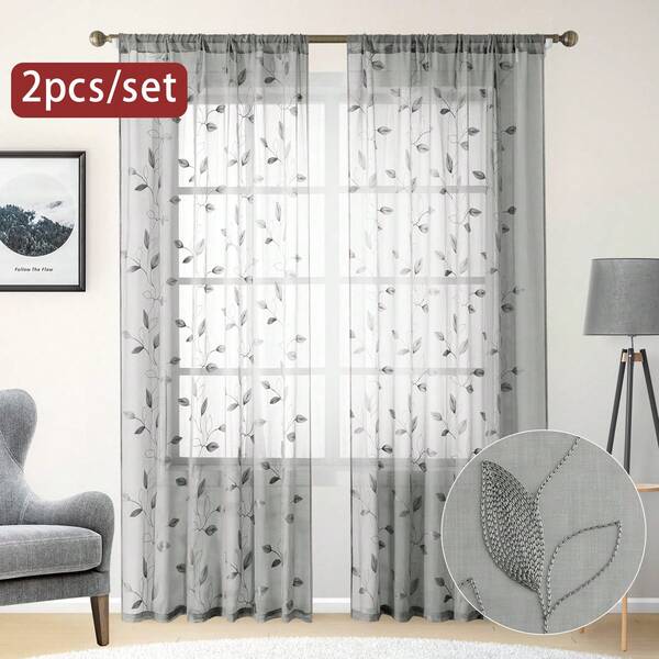 2pcs Sheer Curtains With Embroidery Leaf Pattern,Rod Pocket Faux Linen Floral Semi Curtains Voile Window Curtains Kitchen Curtains,Drapes For Bedroom Living Room