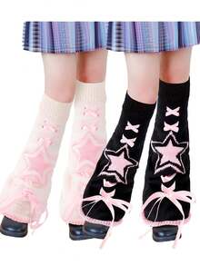 1 双条纹拼布宽腿针织腿套，可爱学院风，温暖的日常穿着腿套，适合娇小女性和女孩 - 正反兩穿款 - 查看 16