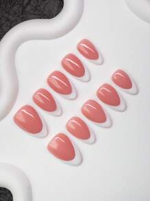 Set de 10 piezas de puntas de uñas en forma de almendra estilo Y2K "baddie", color nude y blanco con diseño de borde francés, adecuado para fiestas, bailes y uso diario, incluye kit de herramientas, gran regalo para mujeres y niñas - Multicolor - Ver 1