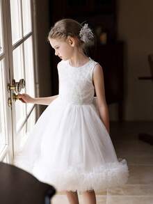 Girls' White Tulle Cake Dress Short Wedding Party Flower Girl Dress - White - View 9