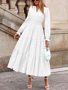 Women's  Fall Wedding Guest Dresses Long Sleeve V Neck Flowy Elegant Holiday Party Maxi Dress With Pockets - 白色 - 查看 6