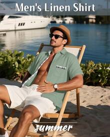 Men's Big And Tall Linen Shirts, Button Down Short Sleeve Summer Shirt Casual Cotton Beach Vacation Tops With Pockethalloween - Light Green - Xem 3