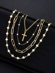 4/1 Set Elegant Vintage Minimalist Style Women Pearl Heart Flower Cross Pendant Y-Necklace Set, Suitable For Women's Daily, Party, Date, Wedding, Vacation, Multi-Layer Wear, Delicate Necklace, 2025 New Collection