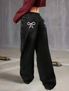 Pantalones vaqueros de pierna ancha con estampado de mariposa y ajuste holgado para adolescentes - Negro - Ver 3