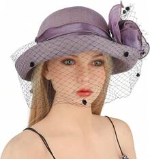 Womens Flower Church Derby Hat With Fascinator Wedding Bridal Tea Party Hats Bowler Cloche Bucket Hat - Purple - View 5
