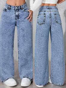 Pantalones vaqueros azul desgastado para mujer, de pierna recta y larga, sin estiramiento, de uso casual, con detalles de bolsillos de moda y artesanía de cordones, cada uno es diferente