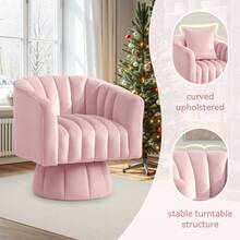 KORSER Swivel Accent Chair,360°Swivel Barrel Chair, Modern Swivel Chair With Velvet Fabric, Mid-Century Swivel Chair With Wide Upholstered, Round Swivel Armchair For Living Room, Lounge, Bedroom - 粉色 - 查看 4