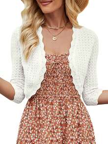 Women's Bolero Shrug 3/4 Sleeve Cropped Cardigan Knit Sweaters Open Front Spring And Summer Casual Elegant Jacket For Dresses - White - View 6