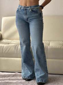 Women's Flare Jeans Mid Waist Baggy Wide Leg Jeans Loose Jeans 90s Denim Pants  Fall And Winter Clothes - 藍色 - 查看 2