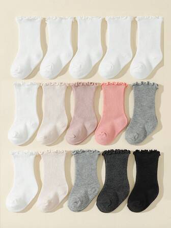 5 Pairs Baby Socks With Frill Trim, Solid Color Mid-Calf Socks, Spring/Autumn